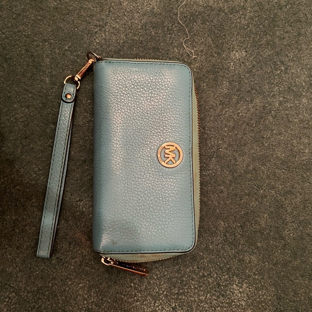 USED Michael Kors blue/ teal colored wallet with wristlet